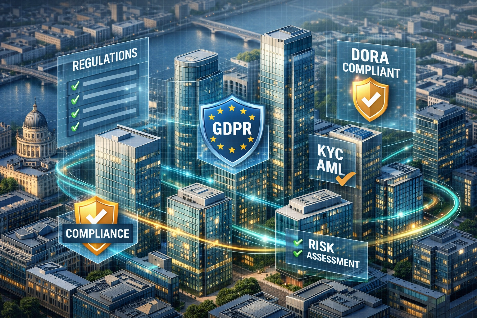 European financial district with DORA compliance and GDPR regulatory frameworks