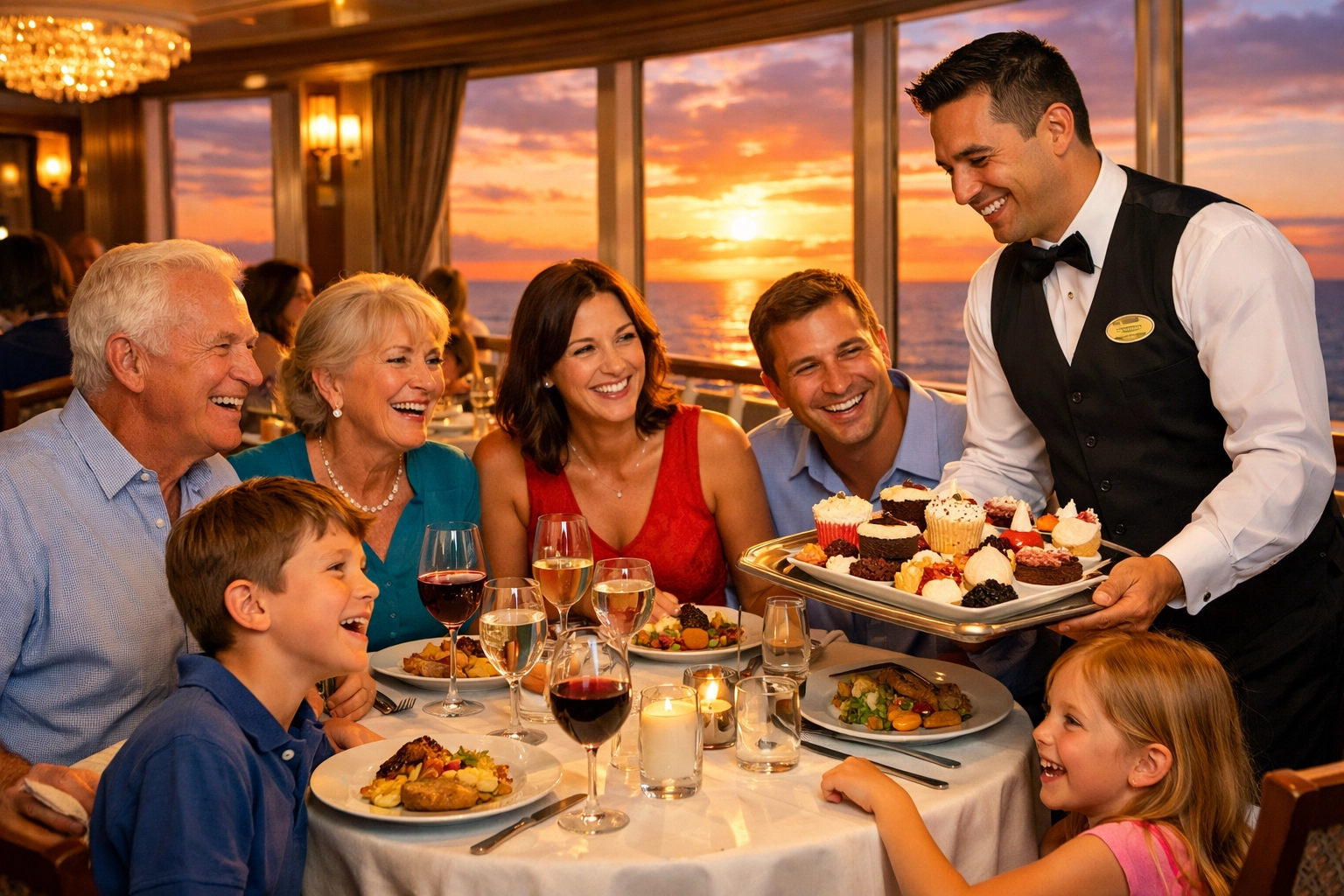 Family enjoying included dining experience in cruise ship main dining room