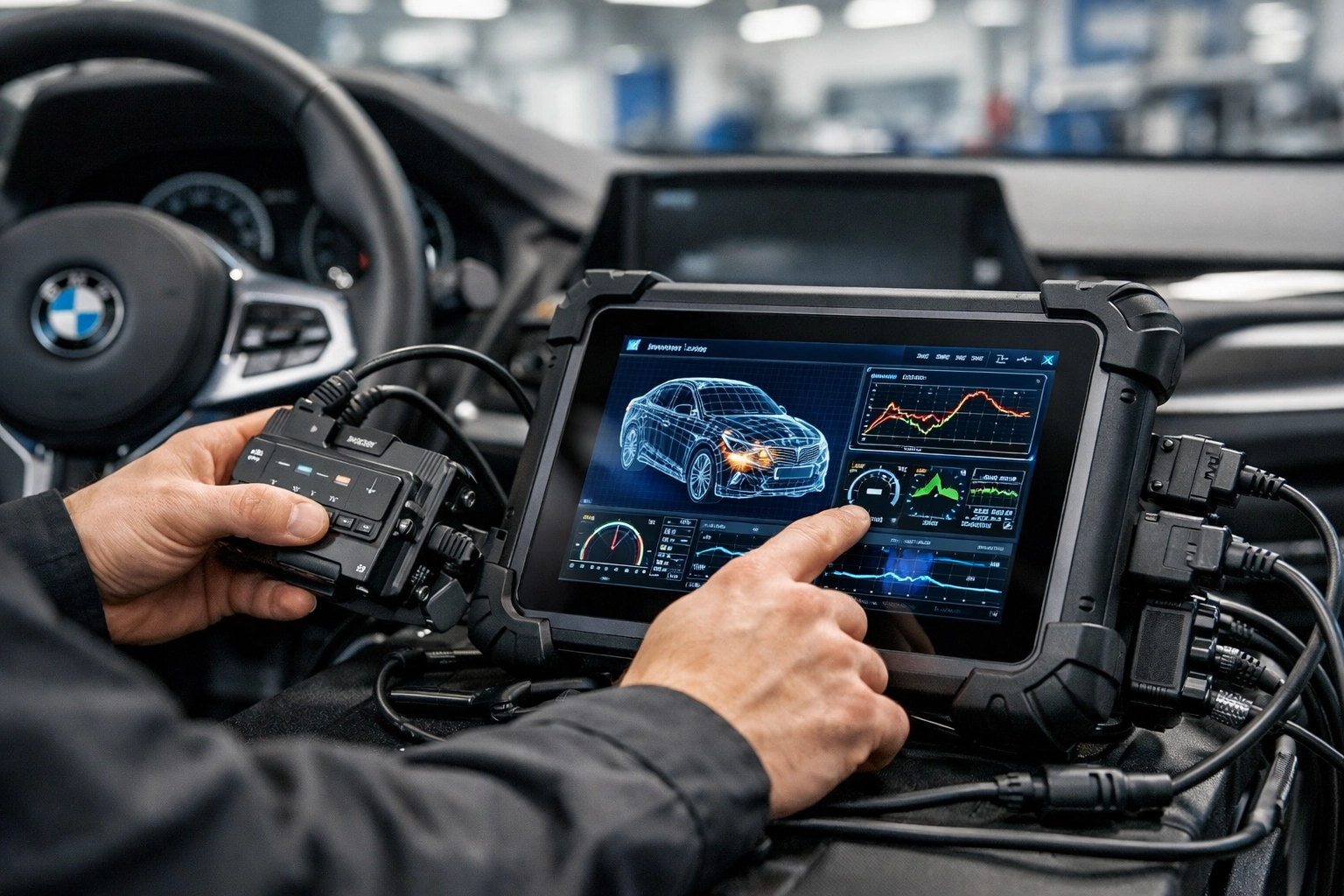 Vancouver BMW specialist using professional diagnostic tools to calibrate engine performance and safety.