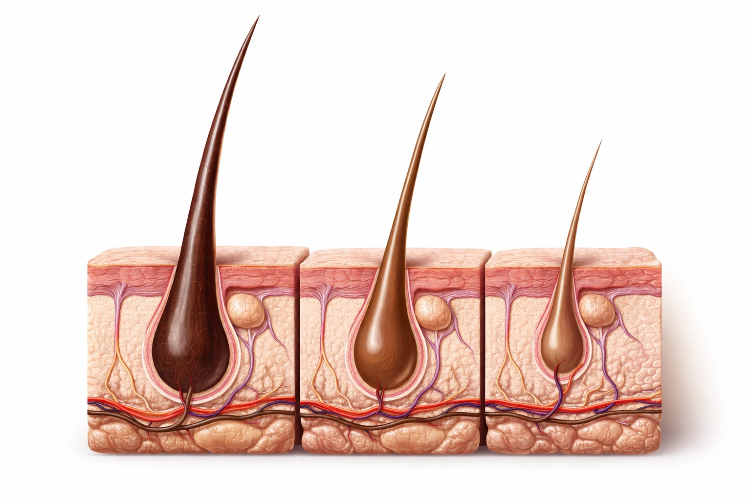 Macro view of hair follicles at different stages of miniaturisation caused by DHT, demonstrating pattern hair loss.