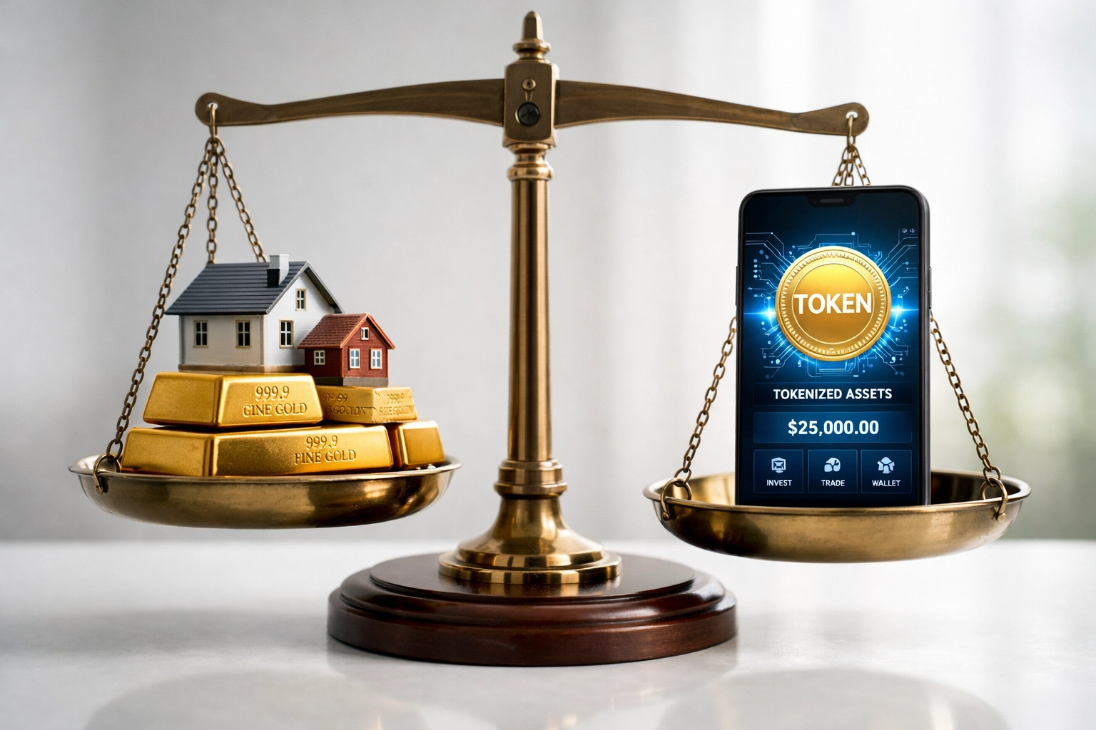 Tokenized Real-World Assets (RWA) Explained: A Beginner's Guide to Fractional Real Estate and Gold 3 Balance scale weighing tokenized real estate and gold investments against digital token risks