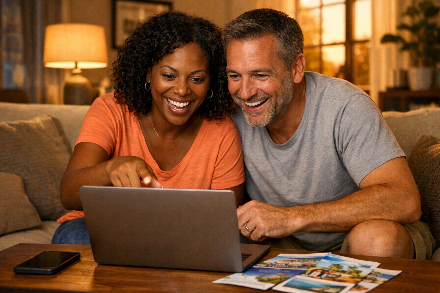 Couple excited while reviewing travel booking options together on laptop at home