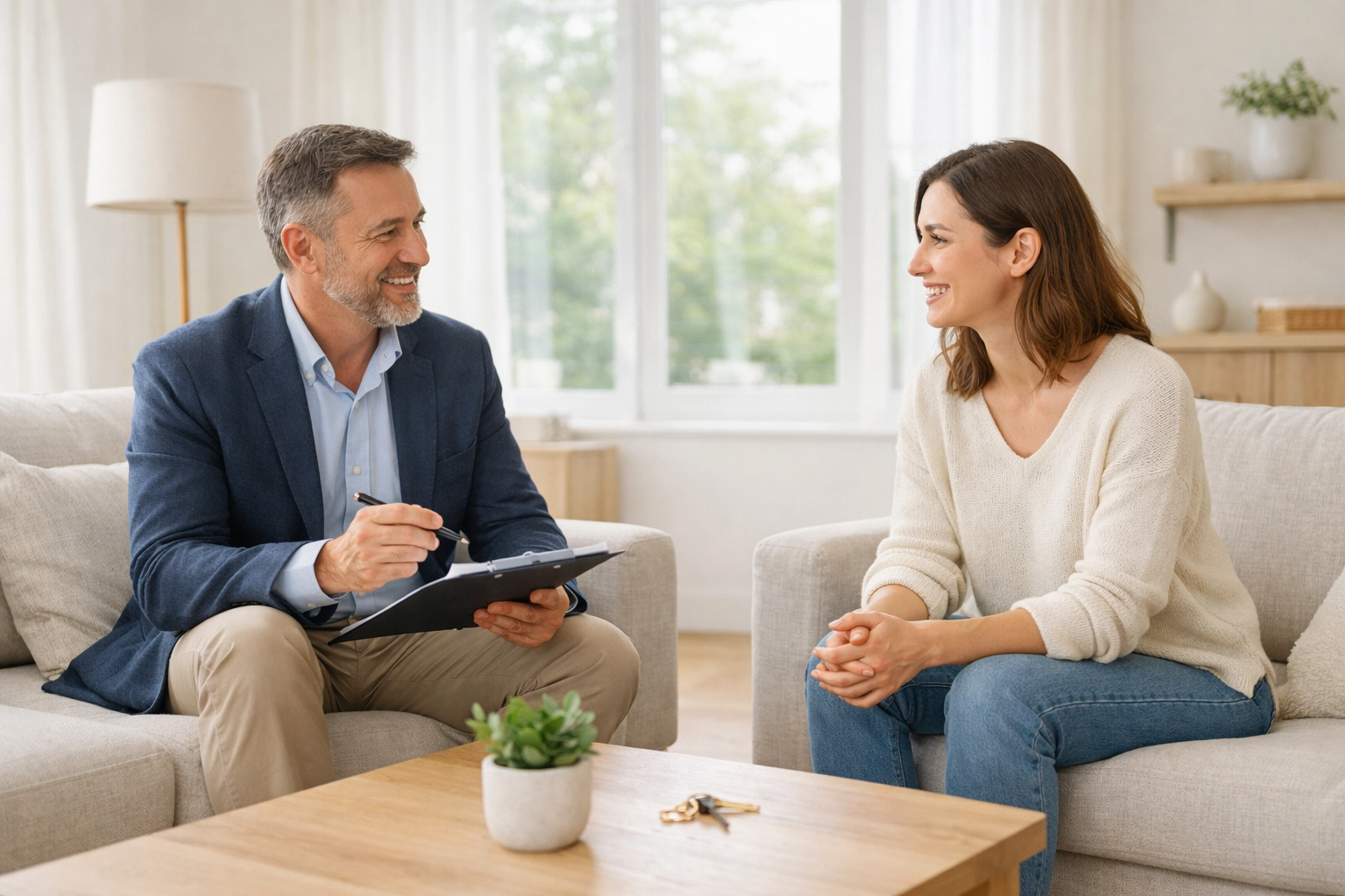 Landlord and tenant discussing new Section 8 possession grounds in a bright, modern living room.