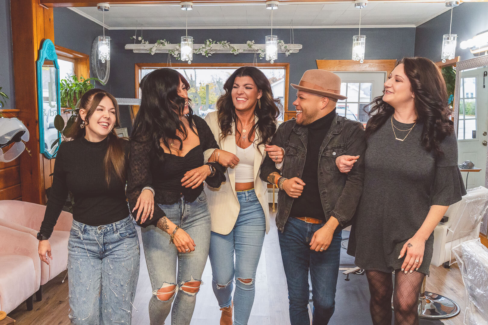 Group of friends coordinating outfits