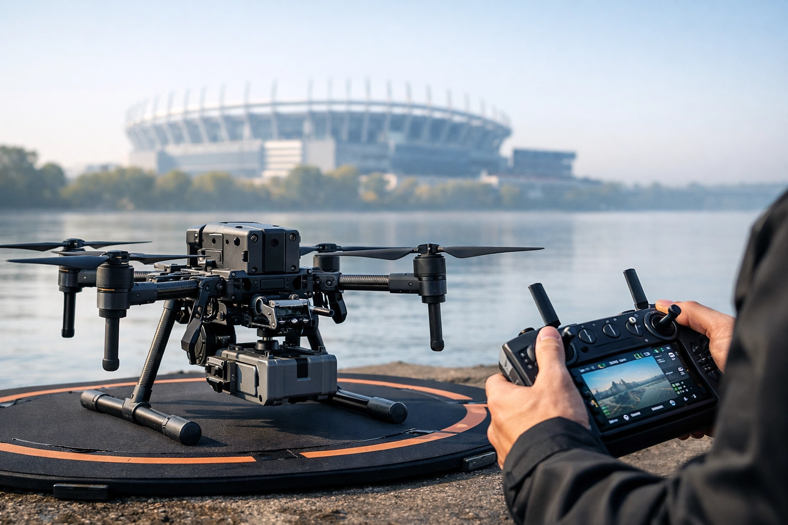 Professional drone prepared for an ash scattering service overlooking Southampton’s St Mary’s Stadium.