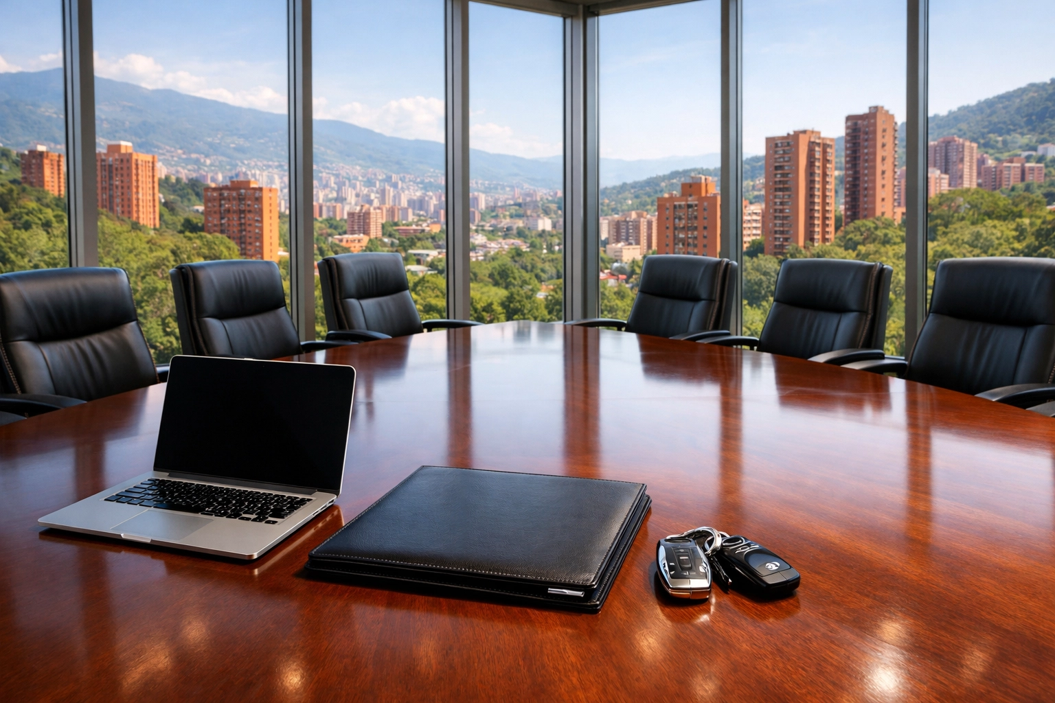 911 Medellin security experts conducting corporate background checks in an executive boardroom.