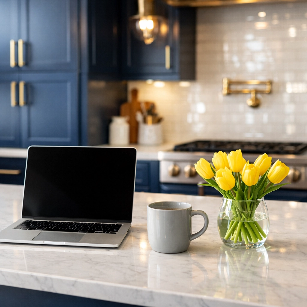 Sparking clean kitchen island with a laptop, reflecting the ease of a bi weekly house cleaning schedule.