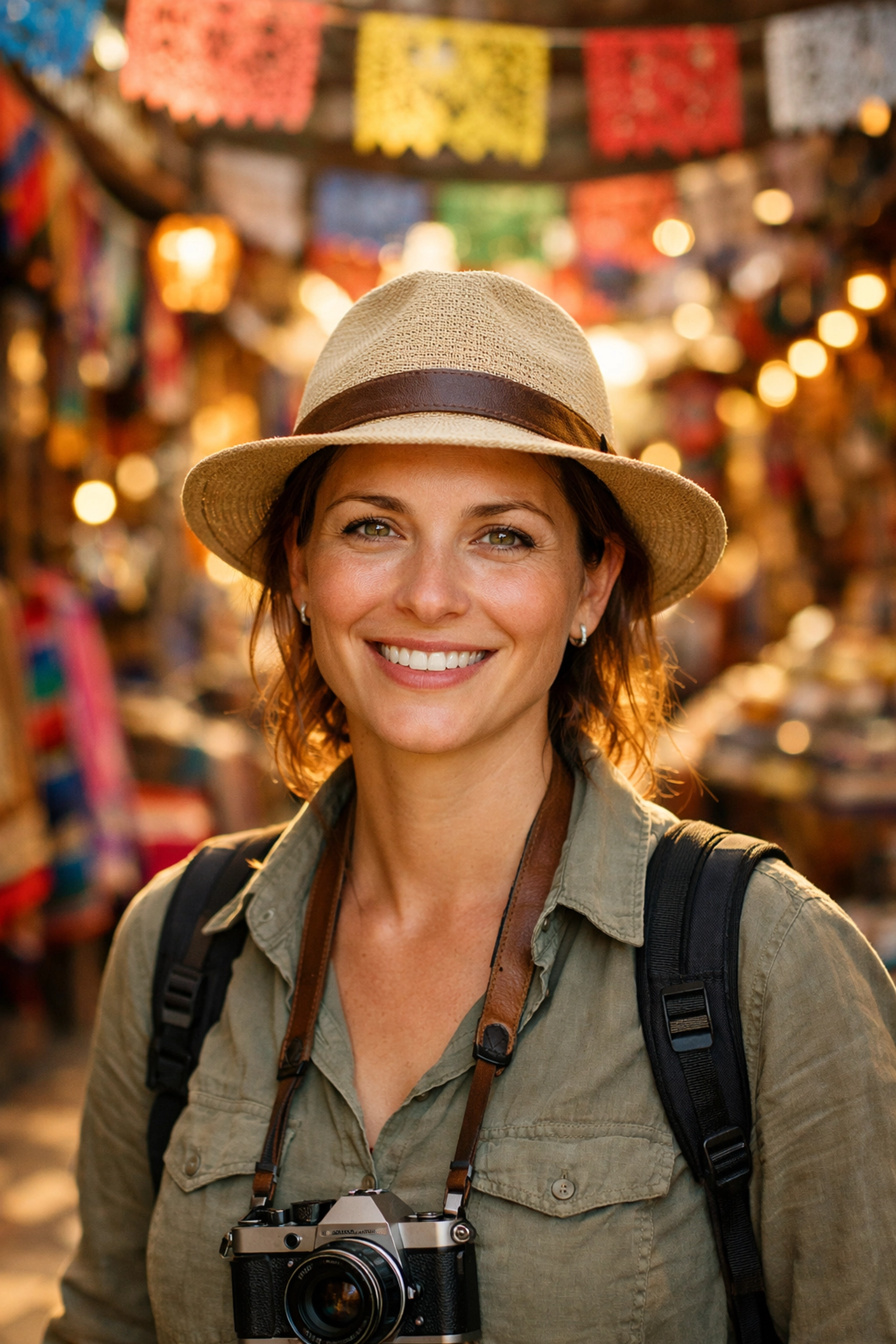 High-end travel portrait edited with AI features in a colorful sun-drenched Mexico market.