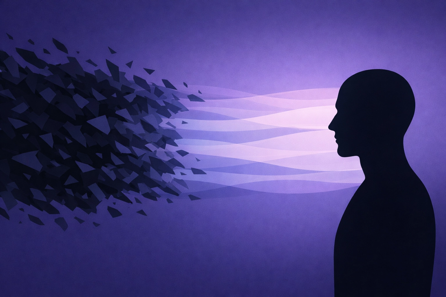 Silhouette finding mental clarity as chaotic shapes organize into calming indigo layers.