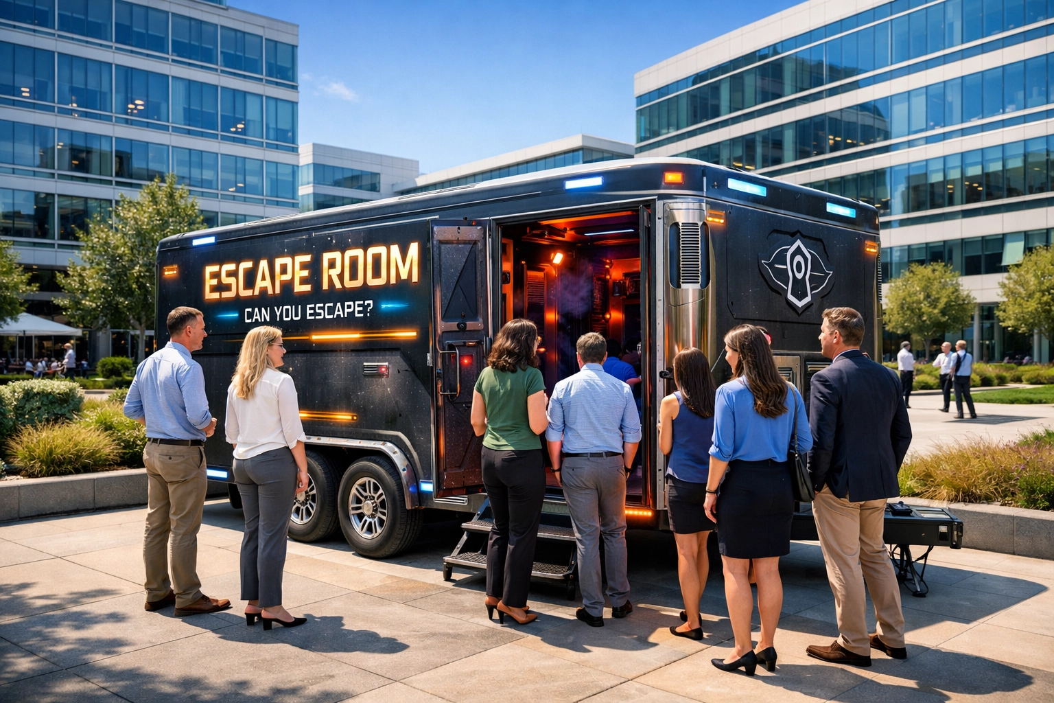 Mobile escape room trailer parked at a corporate campus for on-site team building.