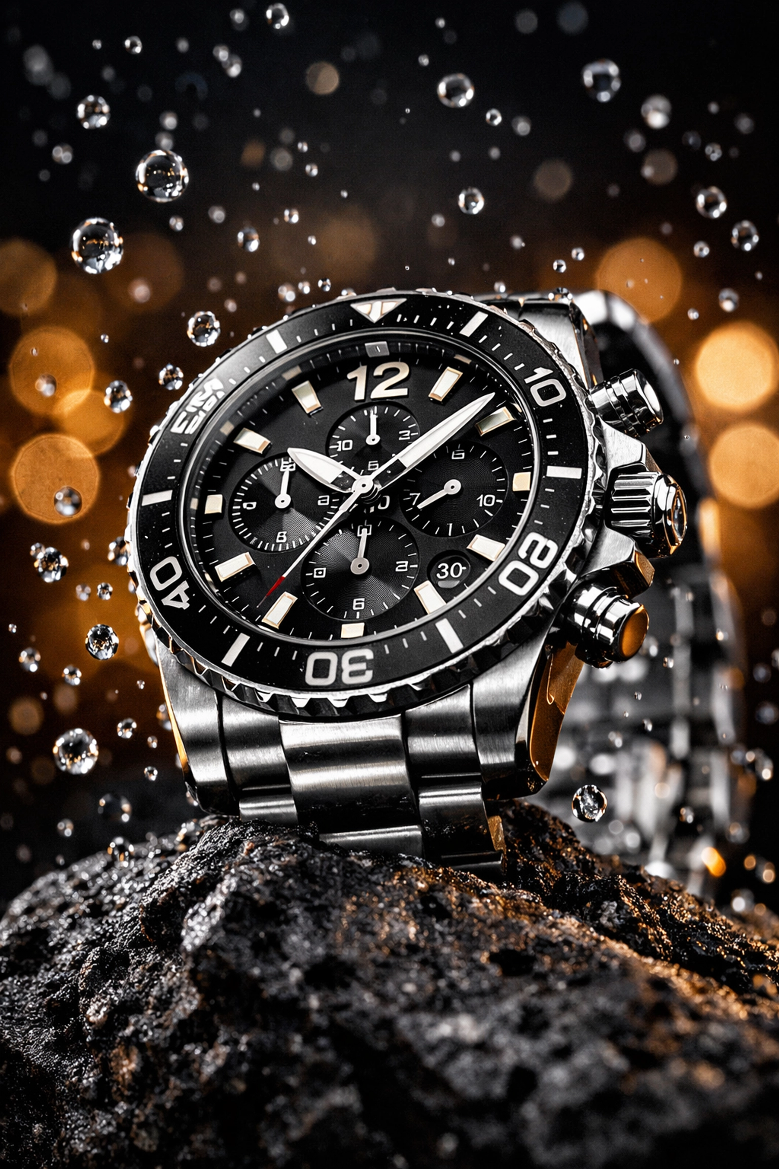 Expert product photography miami of a luxury watch with high-speed water splash effects on a dark stone base.