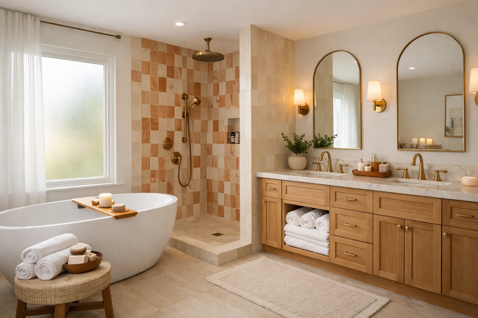 Luxury spa-like bathroom design Nottingham featuring freestanding tub and rainfall shower