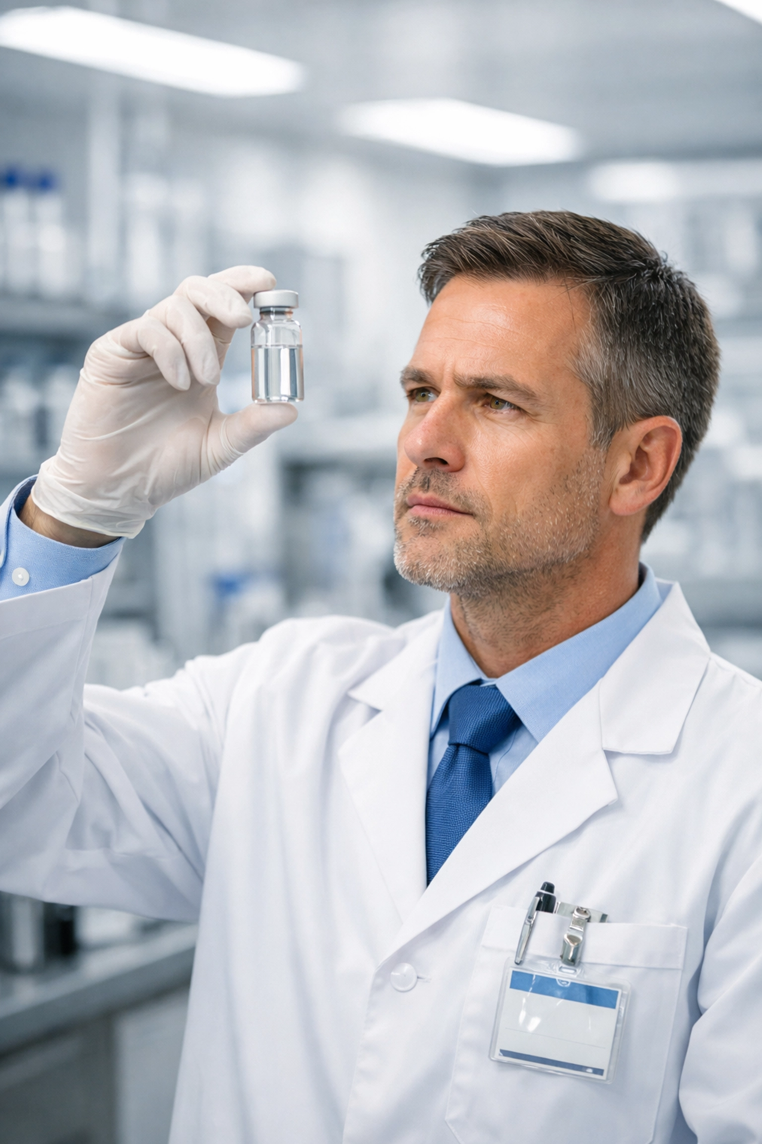 A licensed pharmacist inspecting a vial of compounded Semaglutide in a sterile laboratory setting.