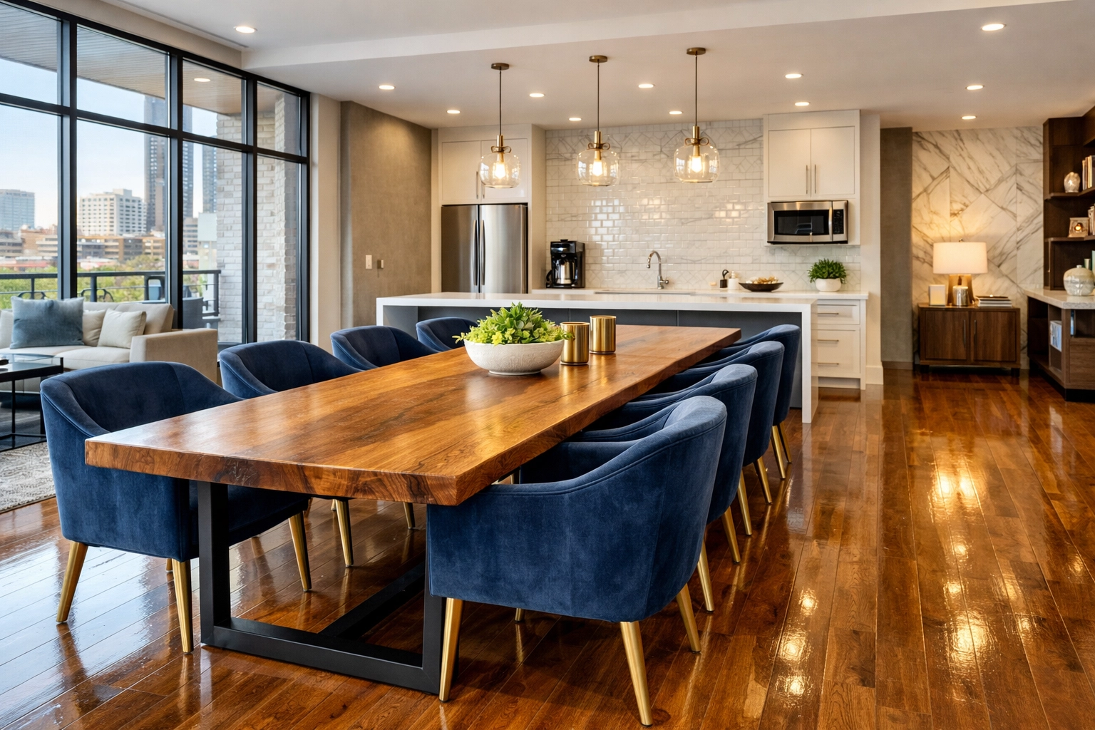 Clean luxury multifamily resident lounge in Indianapolis with spotless hardwood floors and seating.