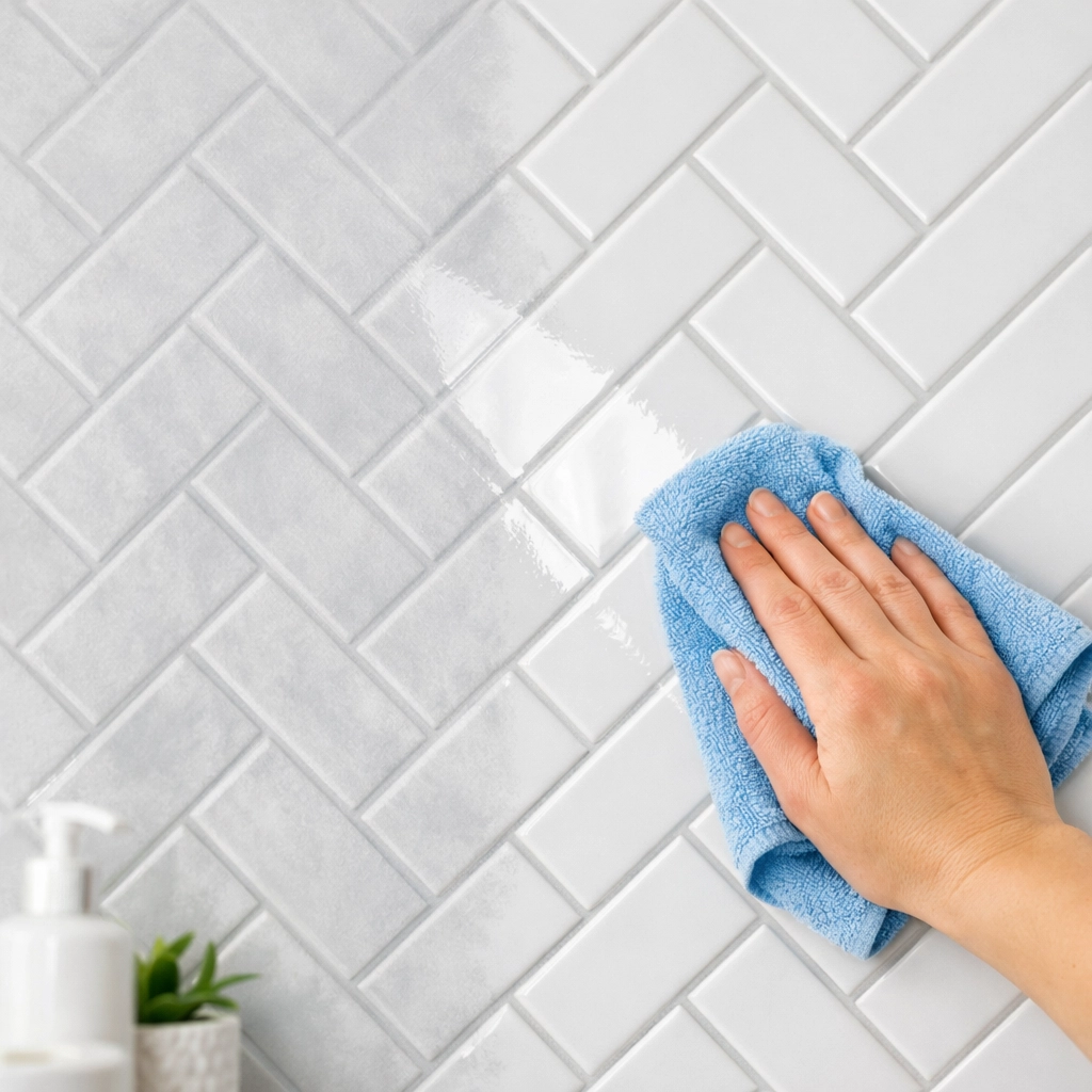 Cleaning grout haze from new herringbone tiles to reveal a high-gloss finish during a builders clean.