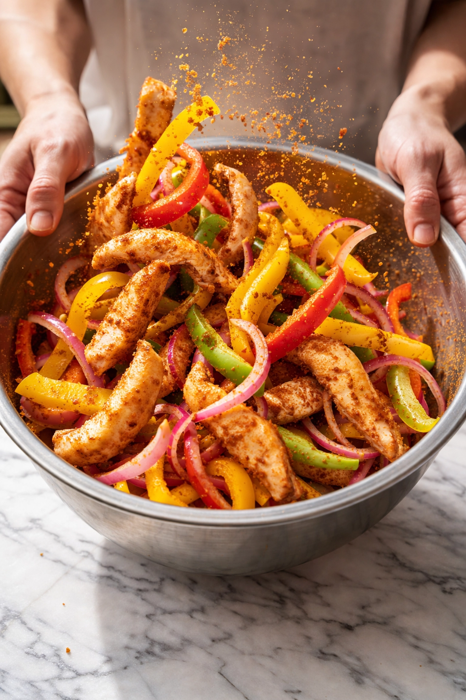 5-Ingredient Air Fryer Chicken Fajitas Tossing fajitas in seasoning