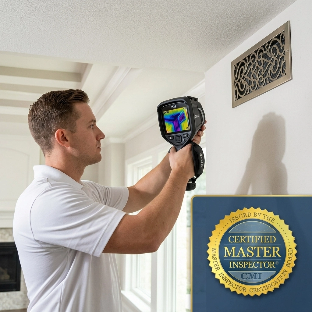 Home inspector using a thermal imaging camera to detect moisture
