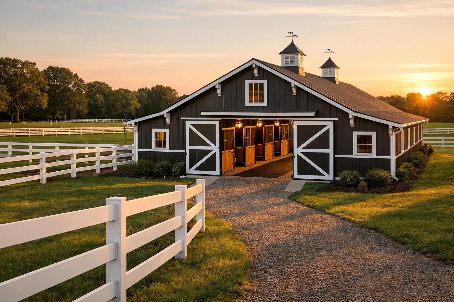 Turnkey horse farm with maintained barn and white fencing in Charlotte NC