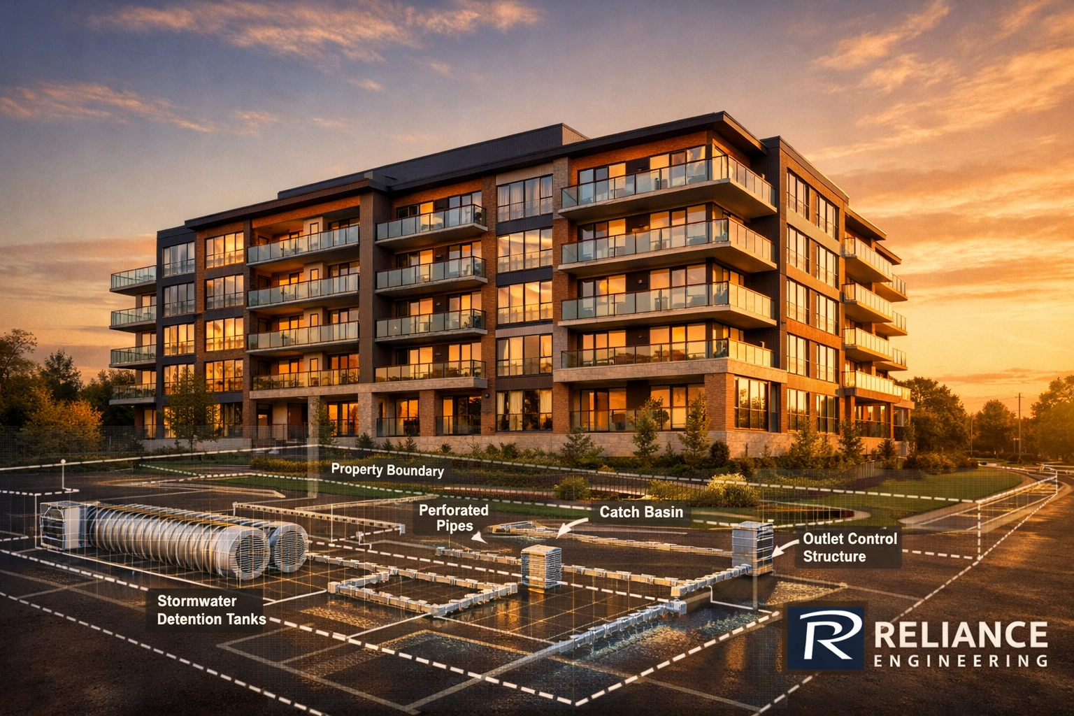 Modern Ontario residential development highlighting technical stormwater management design and civil engineering accuracy.