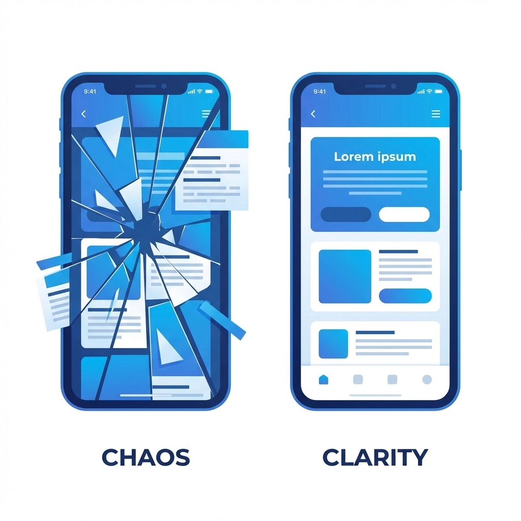 Graphic comparing a broken mobile website layout with a clean, optimized mobile interface