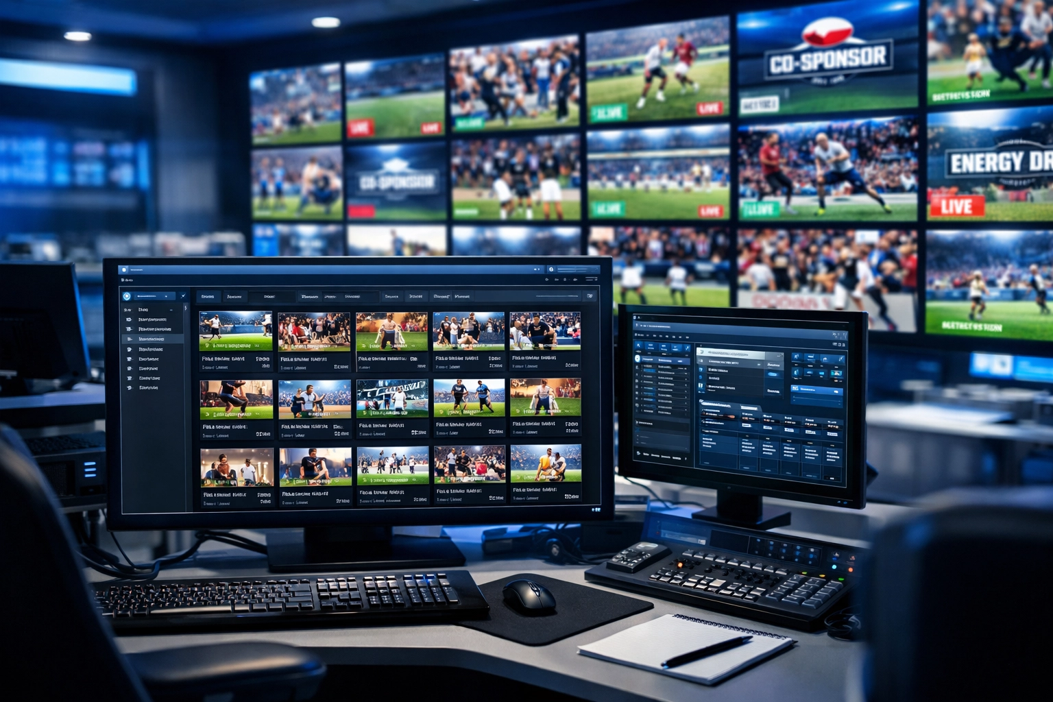 Media asset management control room displaying sports content and sponsor logos on multiple monitors