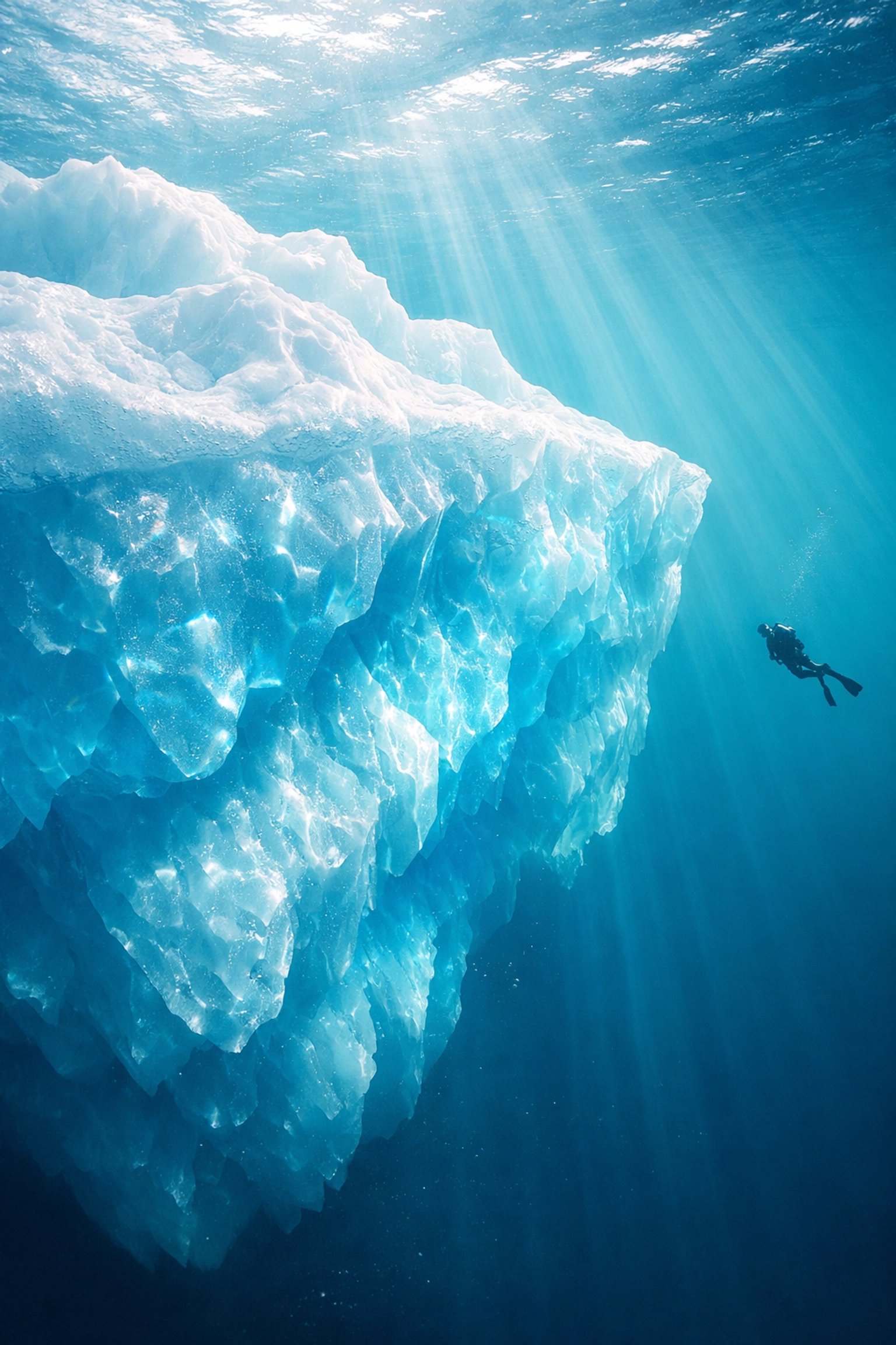 A scuba diver explores the glowing sapphire underwater formations of a massive Arctic iceberg.