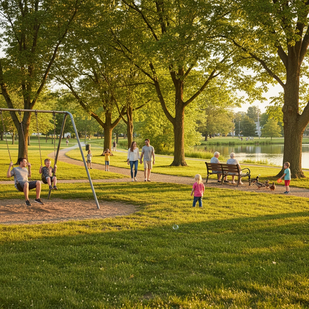 Children playing on a playground in a Cinnaminson park, surrounded by green trees Children playing on a playground in a Cinnaminson park, surrounded by green trees