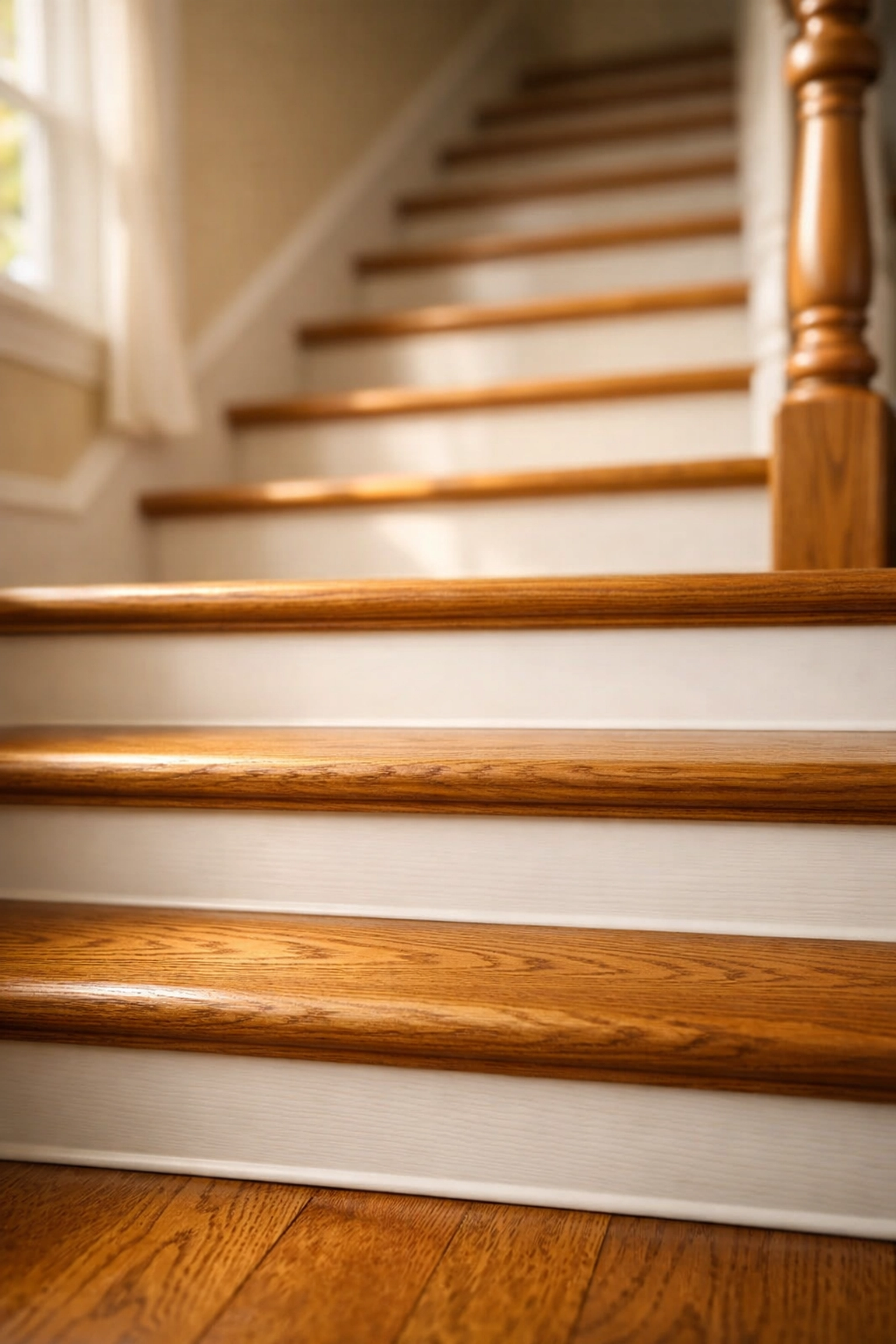 Close-up of oak stairs with consistent riser heights for improved stair safety at home.