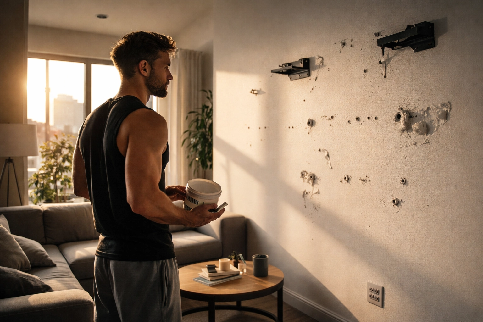 Frustrated athlete inspecting wall damage from old home gym equipment in modern apartment