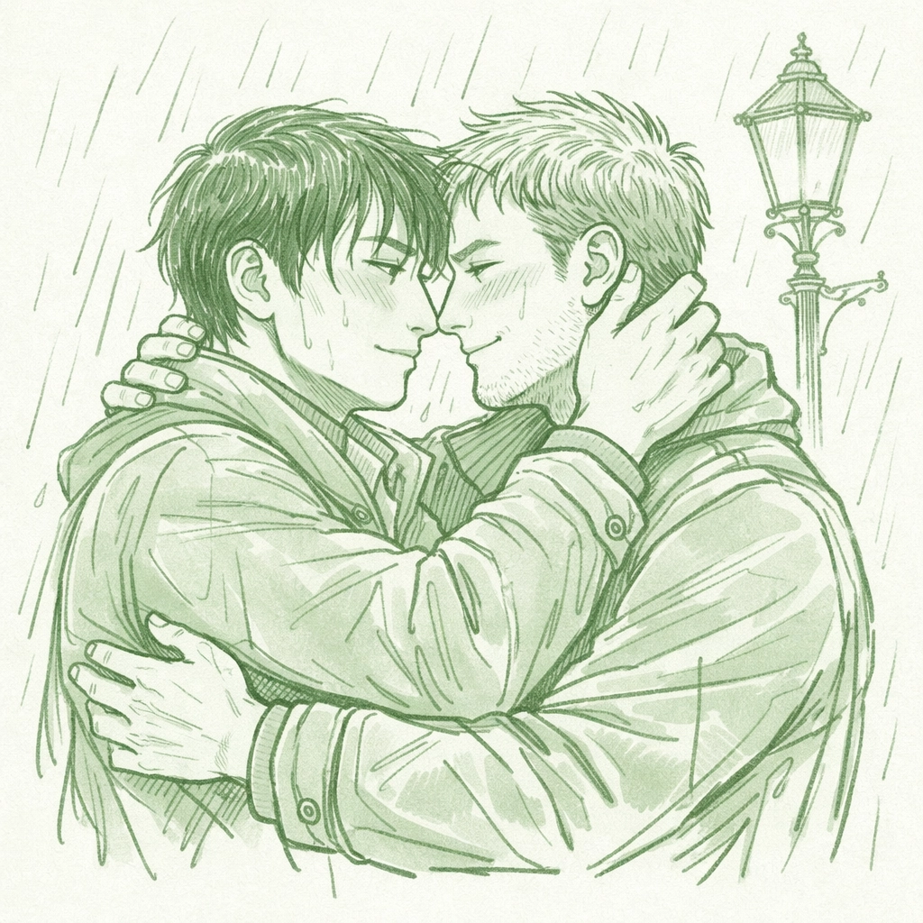 Emotional embrace between two men in London rain, a poignant scene from high-angst MM fiction.