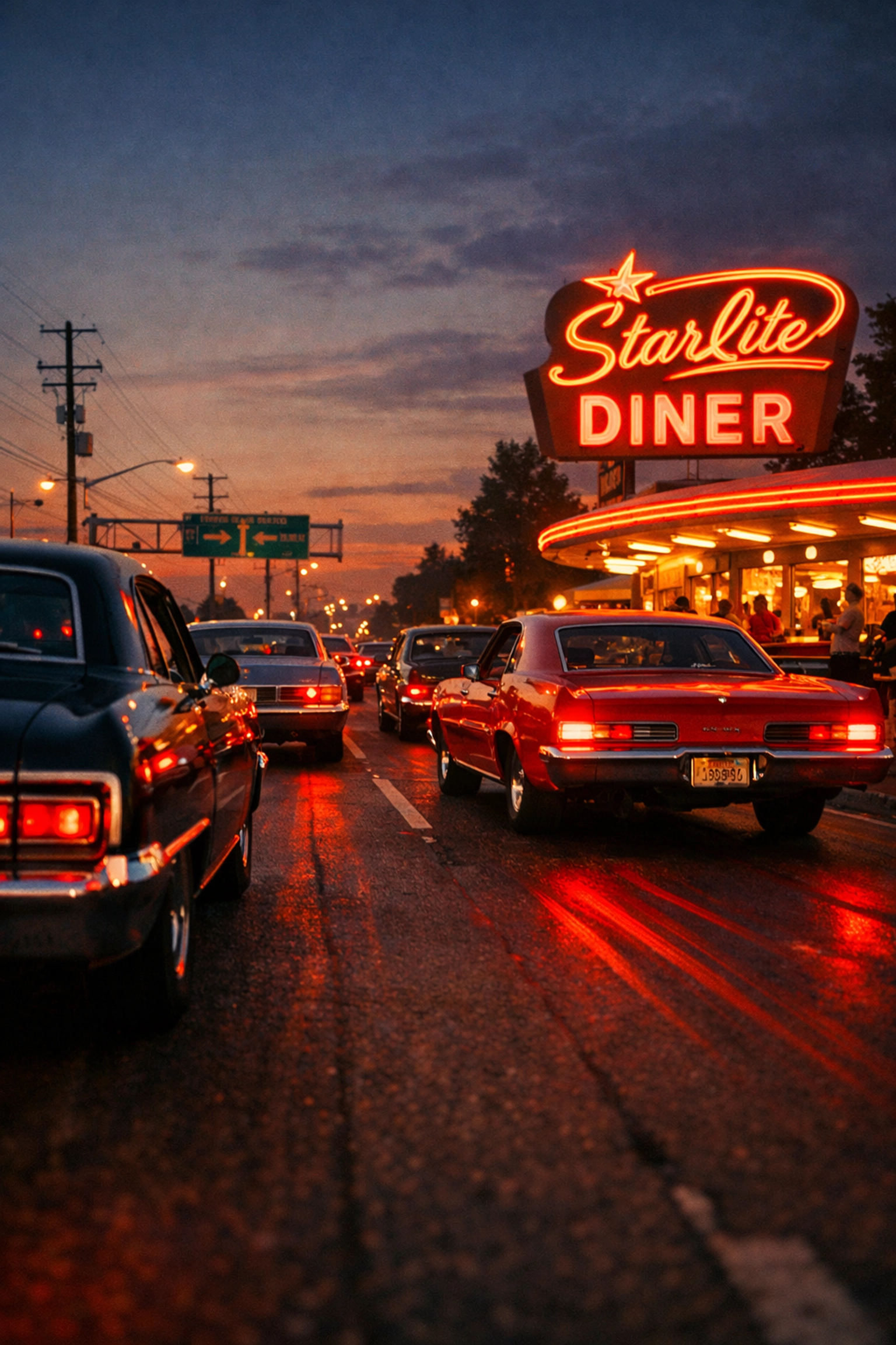 Classic muscle cars cruising past a retro diner on the Silas Deane Highway in Rocky Hill at dusk.