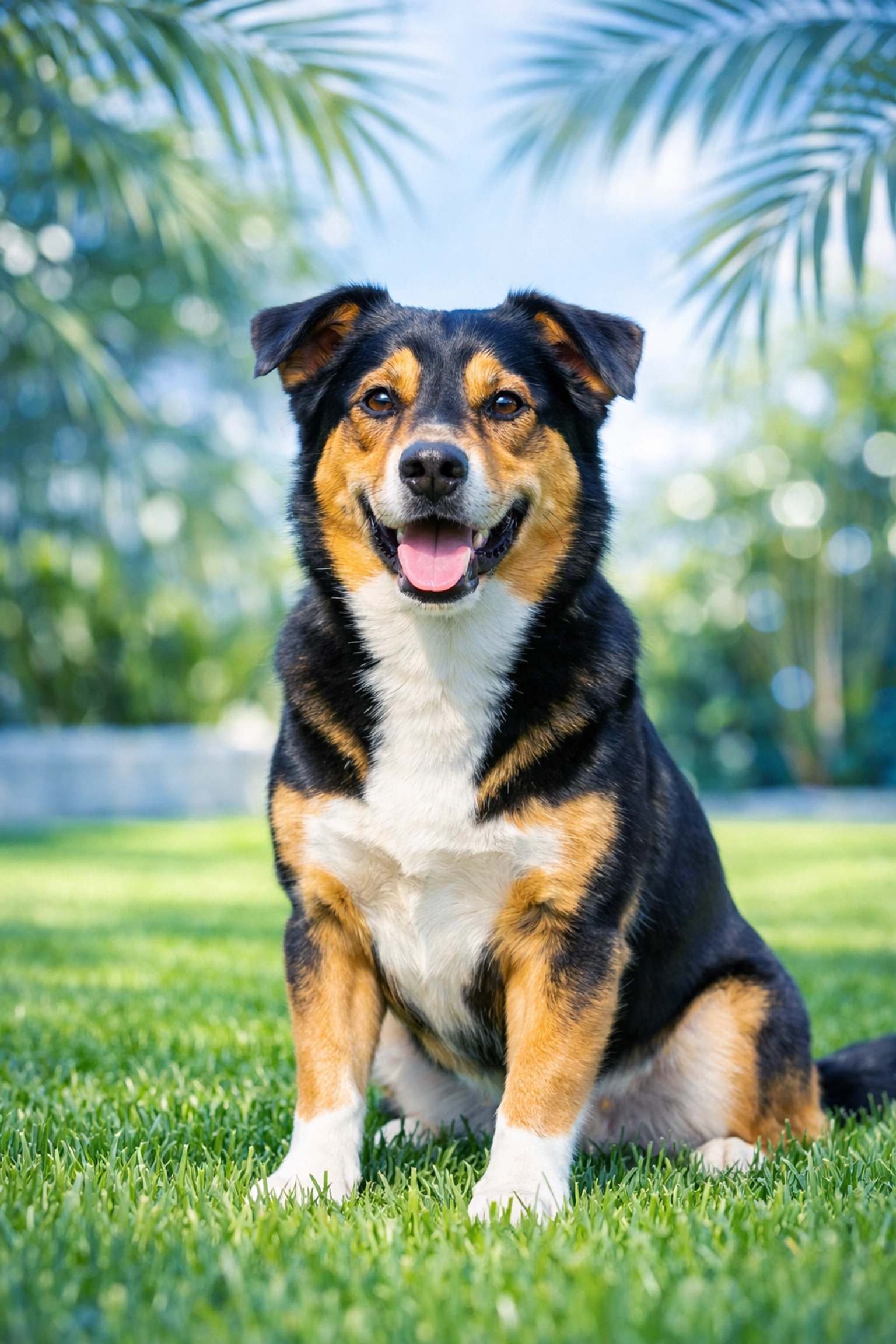 Happy dog sitting in a manicured lawn under palm trees representing year-round pet health in SWFL.