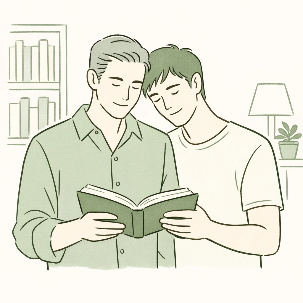 Minimalist illustration of a gay couple sharing a book in a library, representing MM romance fiction.