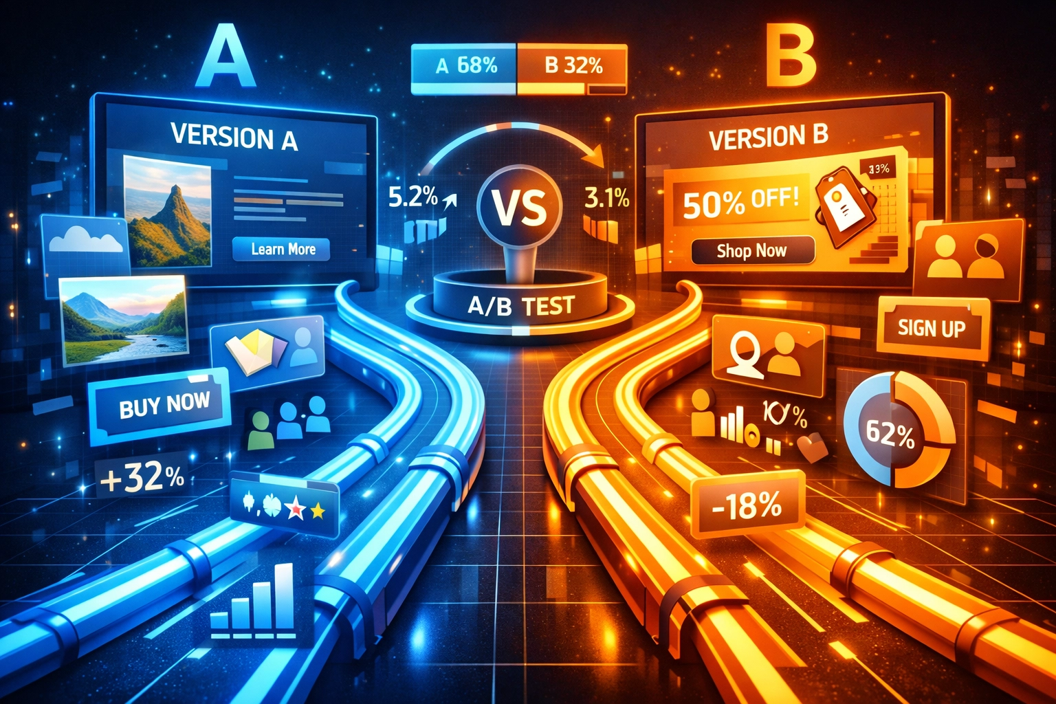 Illustration concept tests A/B pour optimisation campagnes publicitaires Pinterest