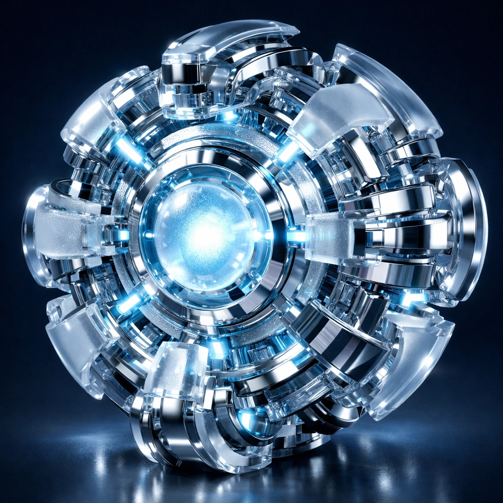 Interlocking digital components symbolizing bespoke AI technology and custom software engineering.