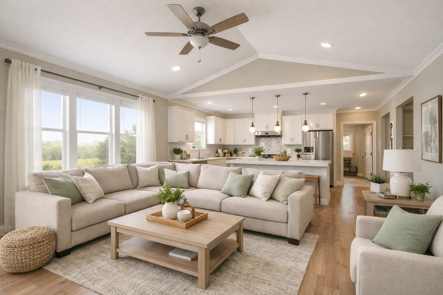 Modern open-concept living room and kitchen interior in a high-end manufactured home at Piney Woods.