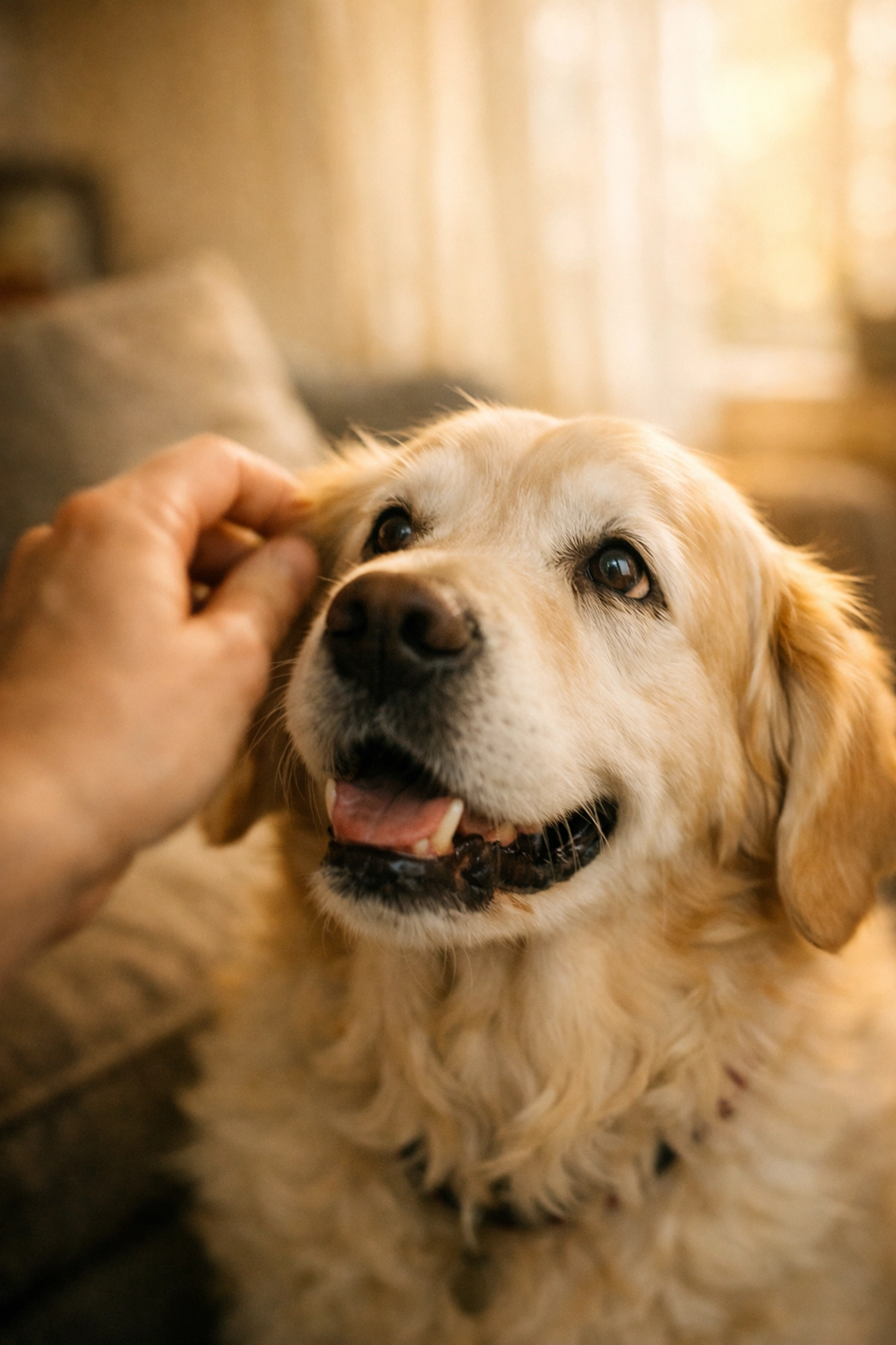 Senior dog receiving gentle affection, showing a positive quality of life with lymphoma.