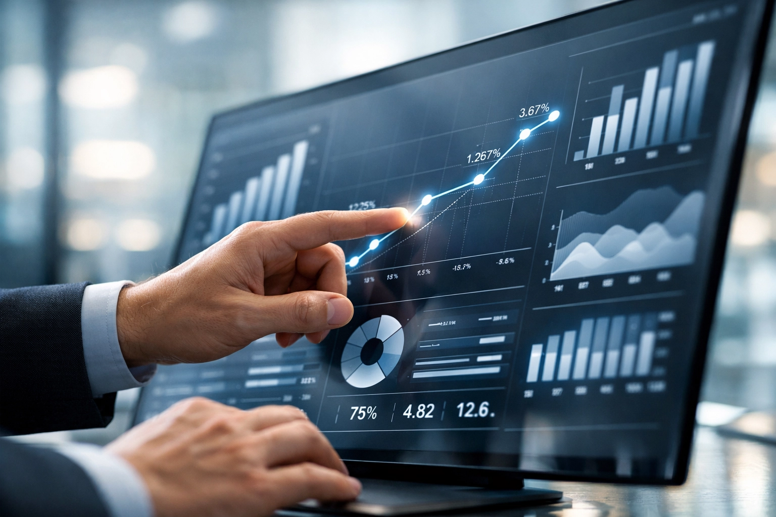 Close-up of professional interacting with minimalist data charts to define prioritized project requirements.