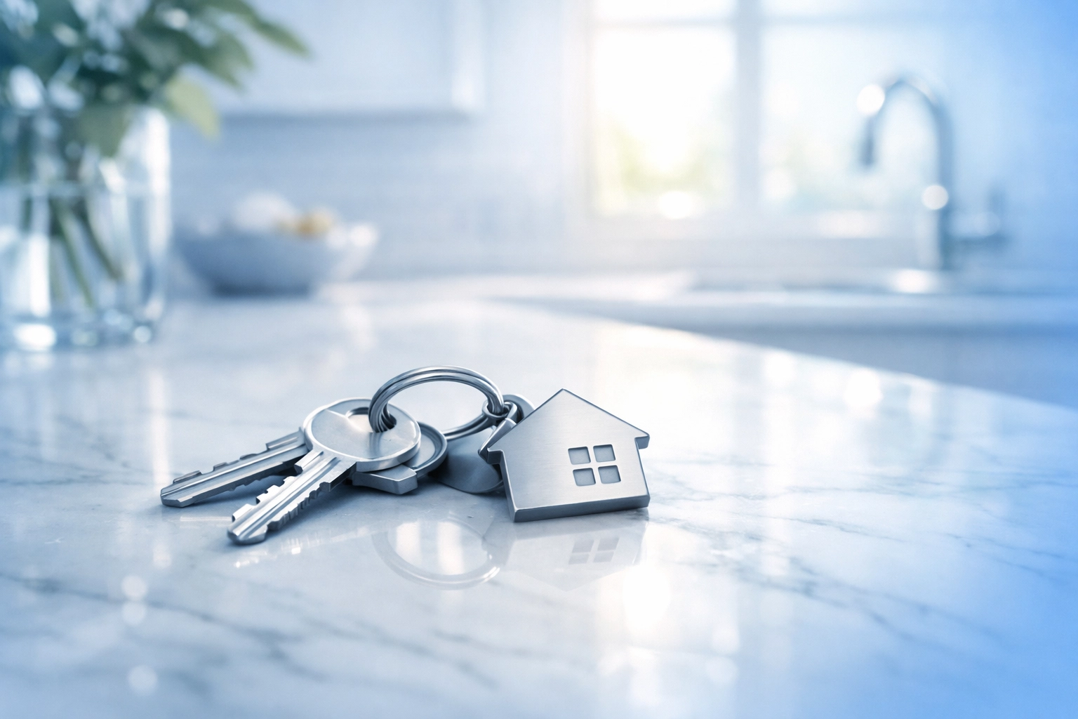 Silver house keys on a marble counter representing a successful short sale in Florida to protect credit.
