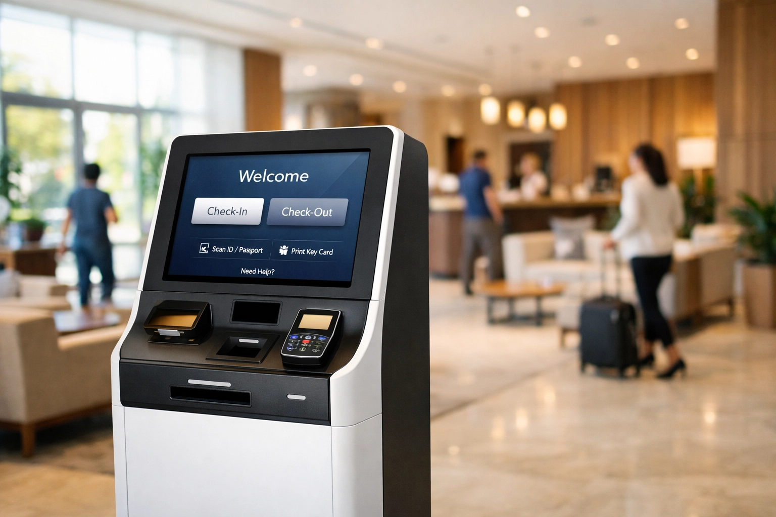 Modern hotel lobby with self-service check-in kiosk and guests in minimalist space
