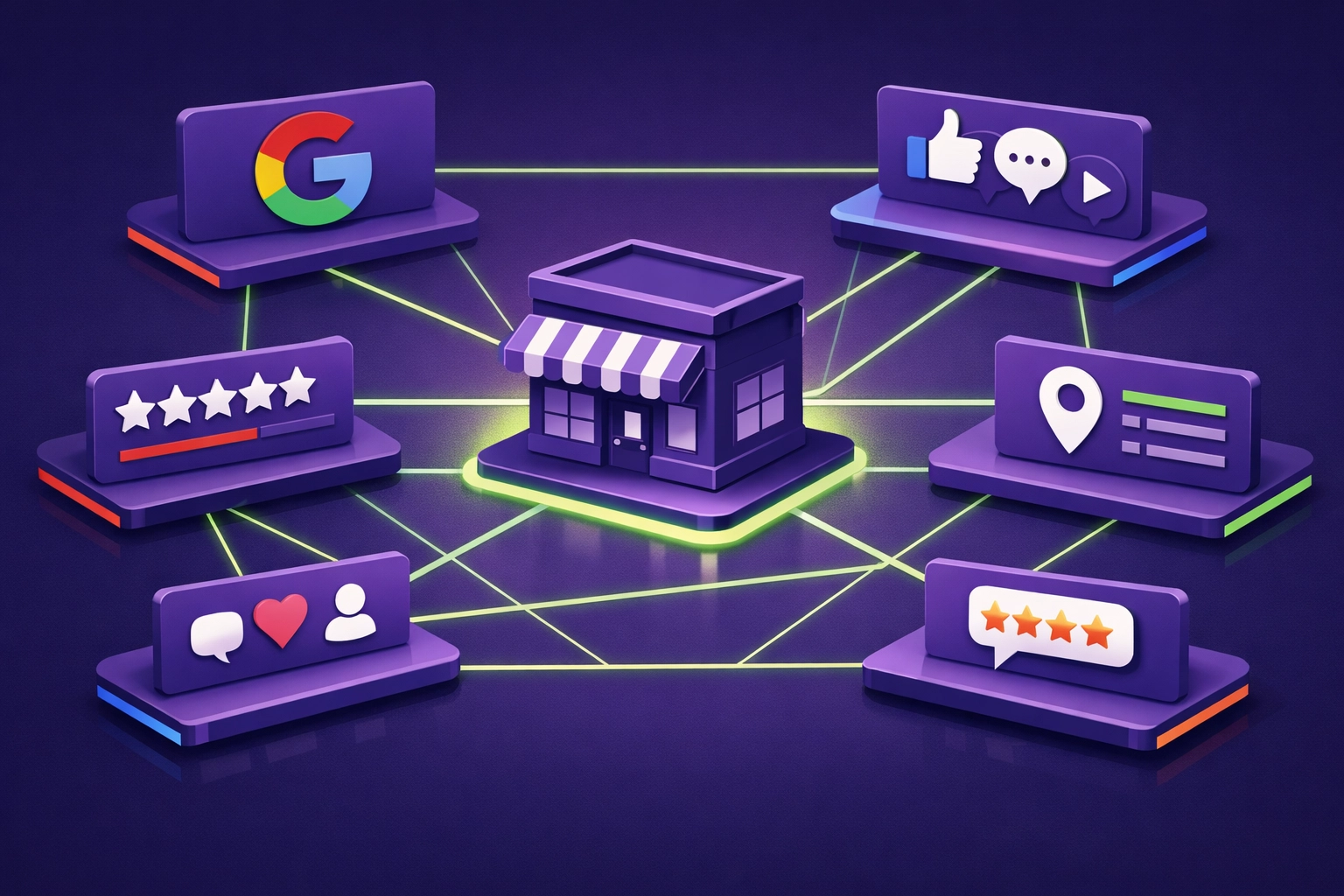 Business connected to multiple online platforms including Google, social media, and review sites