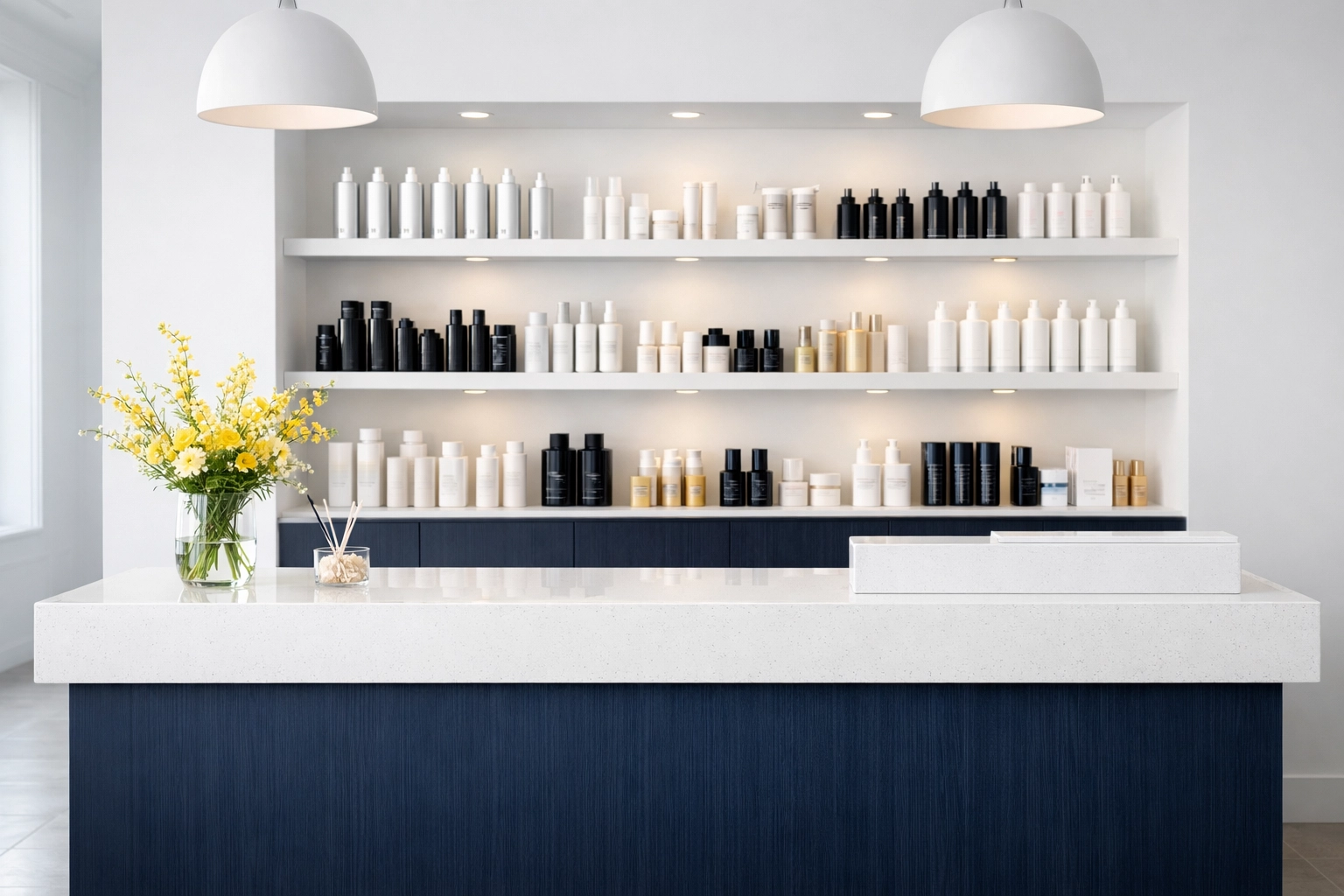 Clean and organized salon reception area with a minimalist desk and sanitized retail shelves.