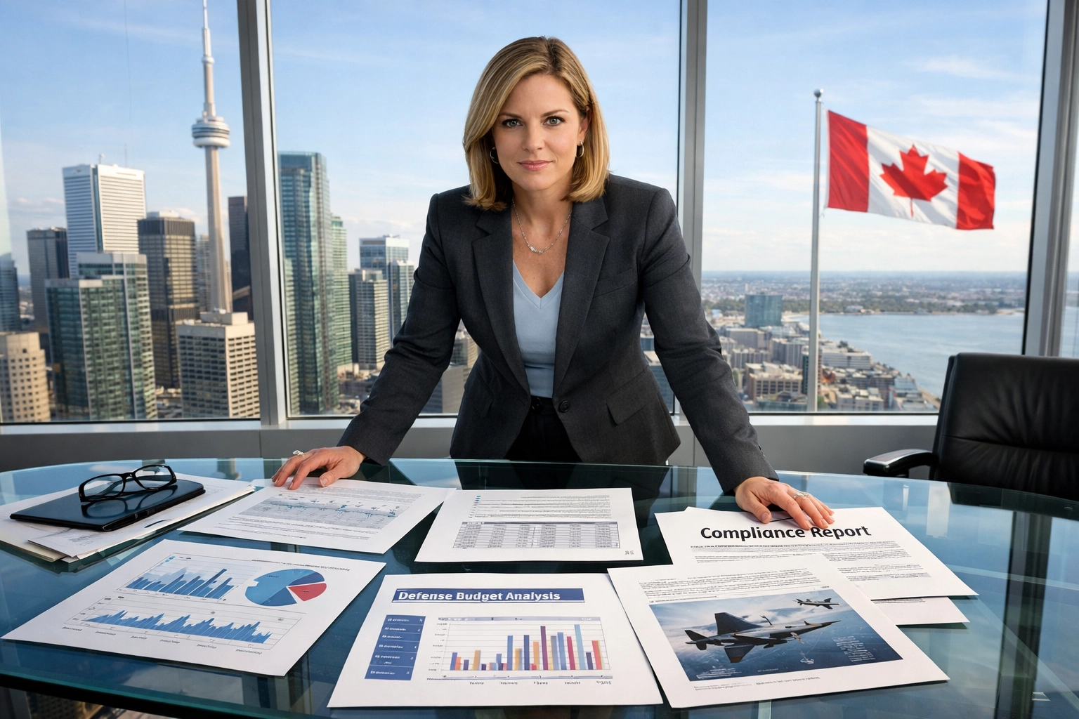 Defence industry executive reviewing compliance documents and financial reports in Canadian office