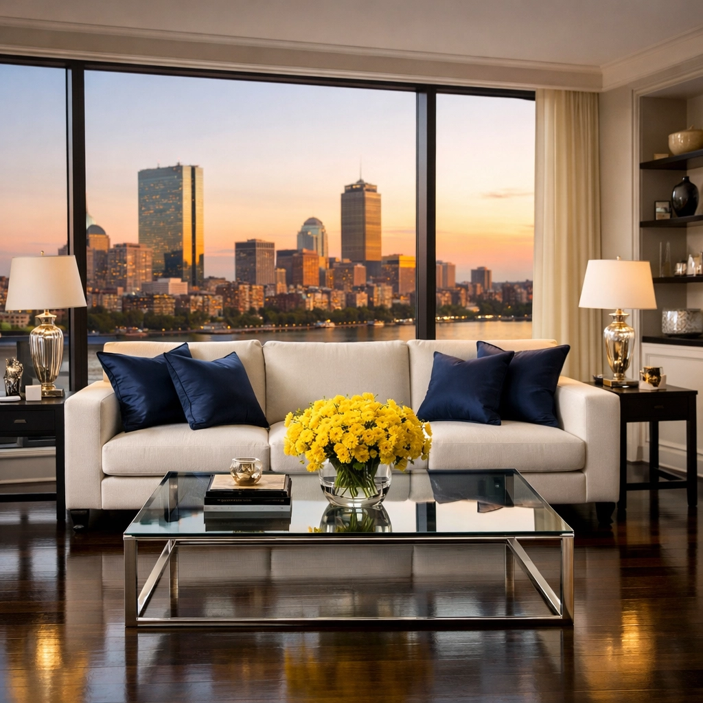 Luxury Back Bay living area highlighting the peace of mind from professional apartment cleaning Boston services.