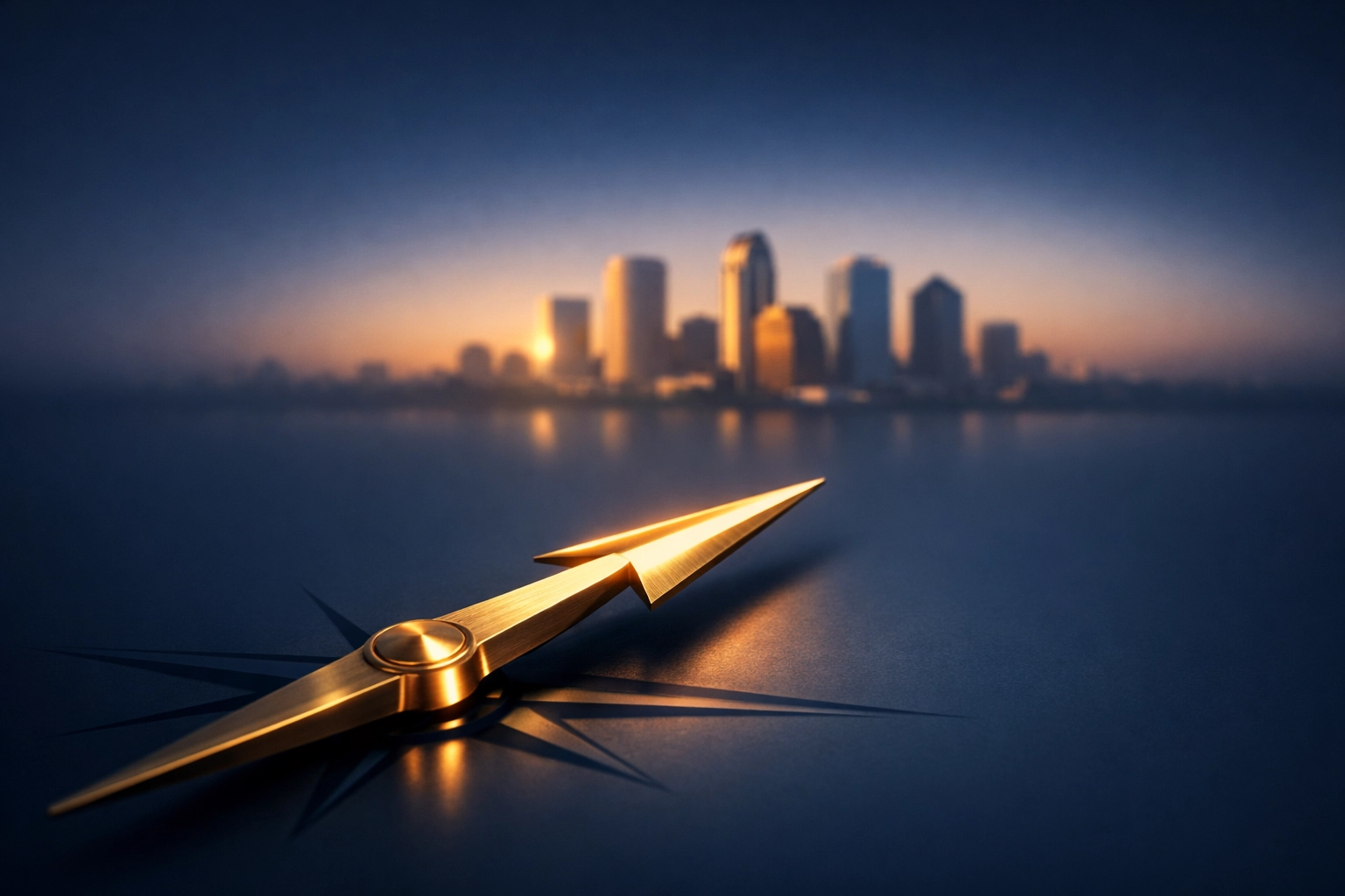 Golden compass pointing toward the Tampa skyline, representing clear strategy for digital marketing success.