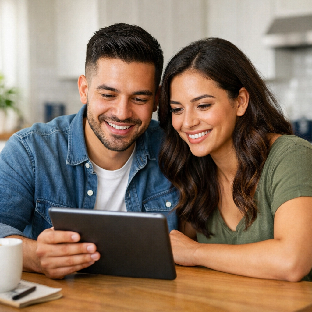Young Texas couple using a tablet to research how to build credit with monthly utility bills.