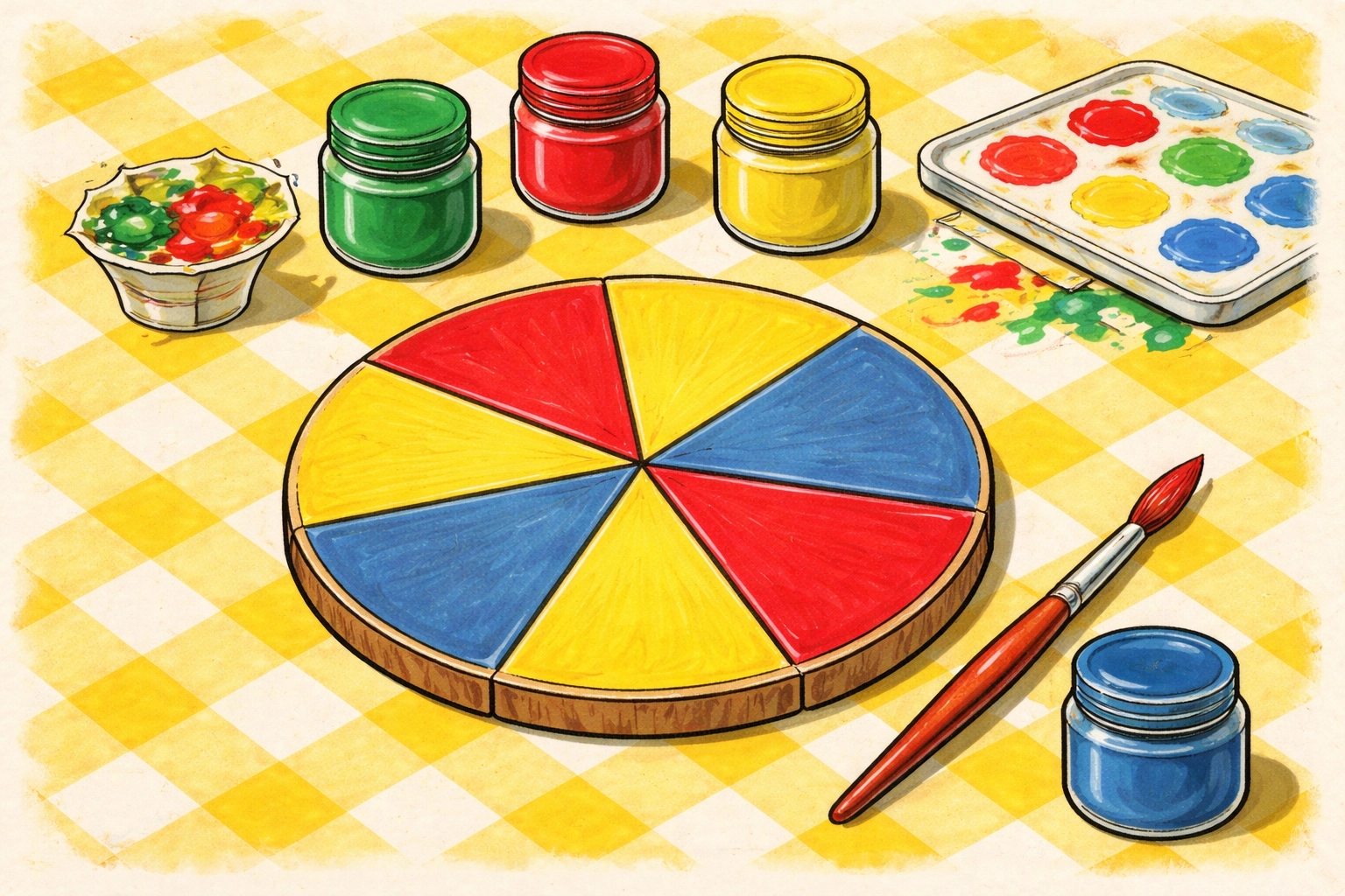 Bird's-eye view of a cardboard circle divided into colorful sections for DIY spinning top