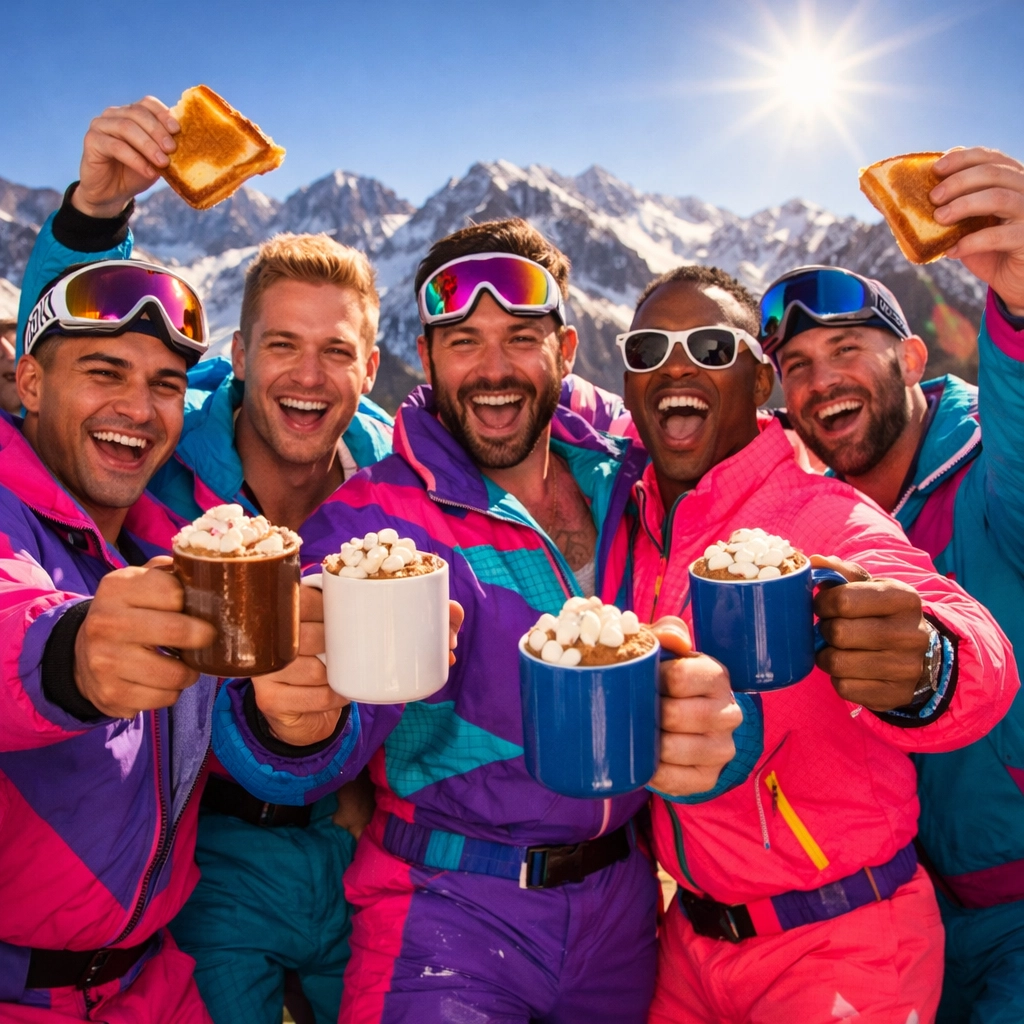 Diverse gay men in neon ski suits celebrating at a high-energy mountain-top après-ski party.