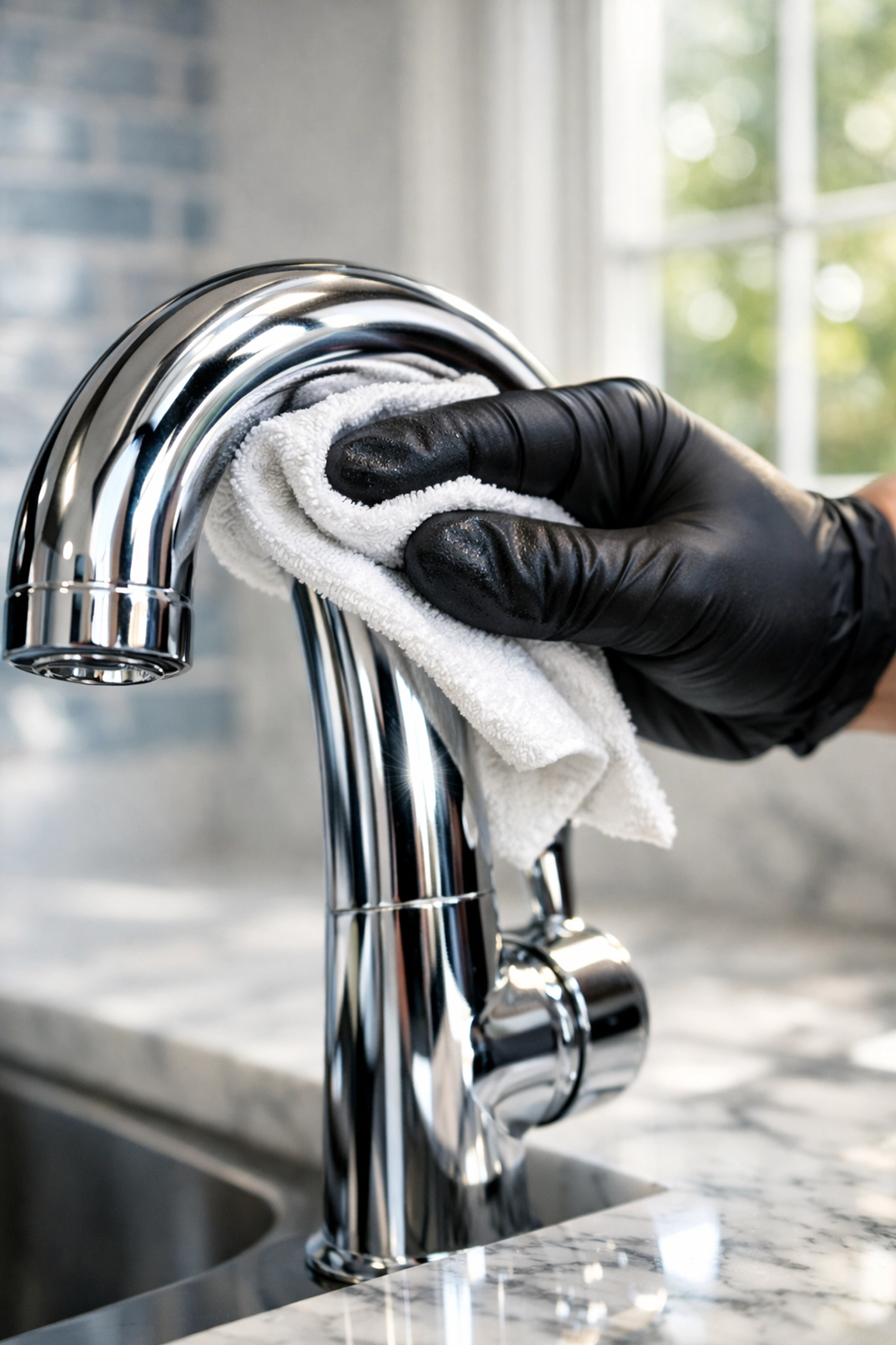 Professional cleaner polishing a faucet during a residential cleaning MA service in a luxury home.