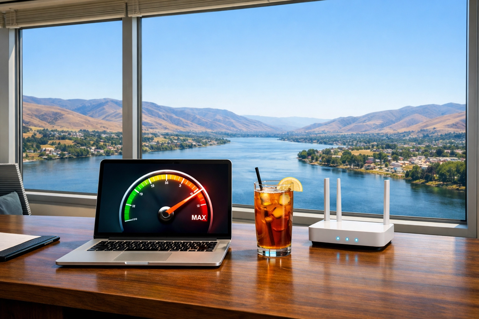 Fast internet speed test on a laptop in a Clarkston WA home office with a view of the Snake River.